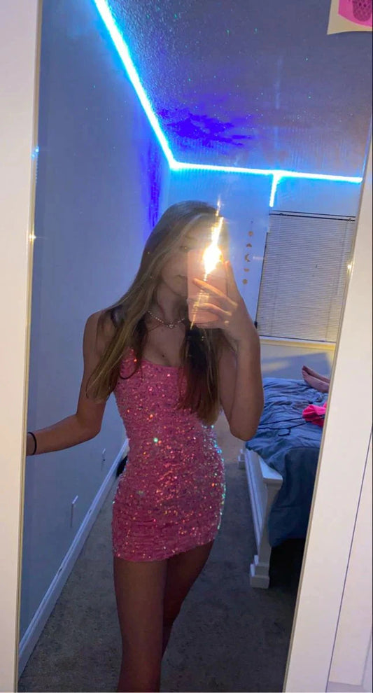 Pretty Sheath Spaghetti Straps Pink Sequin Formal Homecoming Dresses Short 16th Birthday Outfits Graduation Dress Mini Cocktail Dresses by YiHuiw