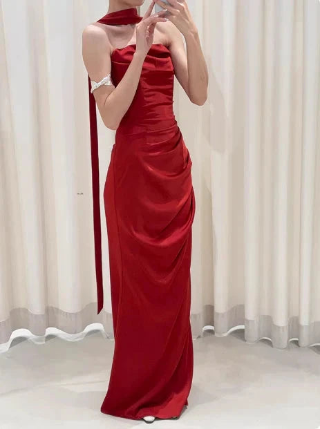 Pretty Sheath Strapless Burgundy Satin Prom Dresses Formal Summer Wedding Guest Dresses Wedding Guest Outfits With Scarf simple gentle atmospheric and unique desi Bring summer colors to enhance whiteness by YiHuiw