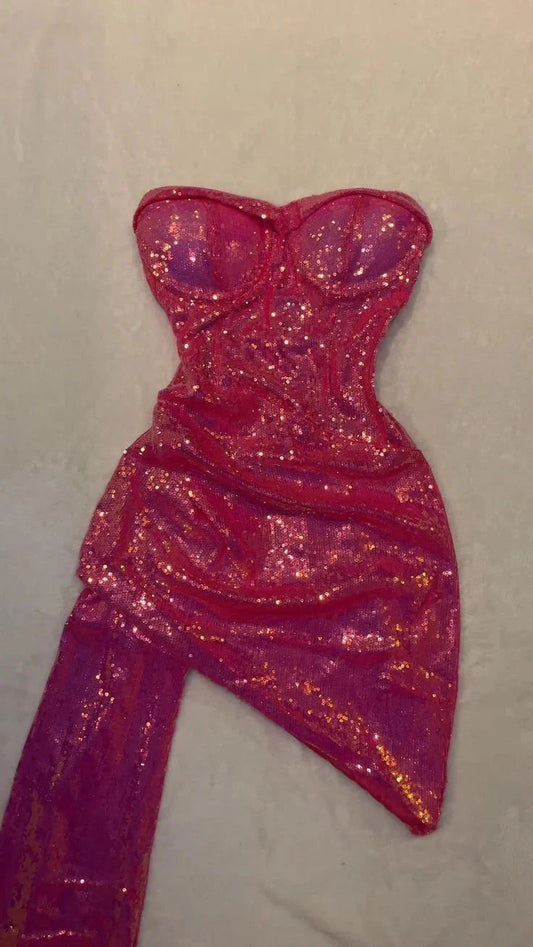 Pretty Sheath Strapless Pink Sequin Formal Homecoming Dresses 21st Birthday Outfits Graduation Dress Short Mini Cocktail Dresses by YiHuiw