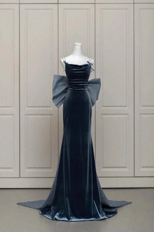 Velvet Blue Prom Dress Mermaid Backless Evening Party Dress with Bow simple gentle atmospheric and unique desi Brin by YiHuiw