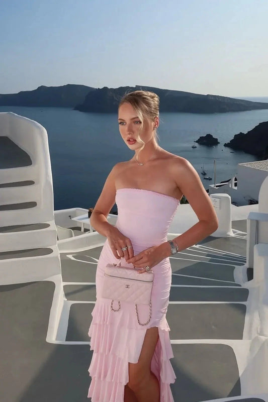 Prom Dresses Blush Pink Strapless Ruched Tiered Ruffle High Slit Mermaid Gown by JiMiss Dresses