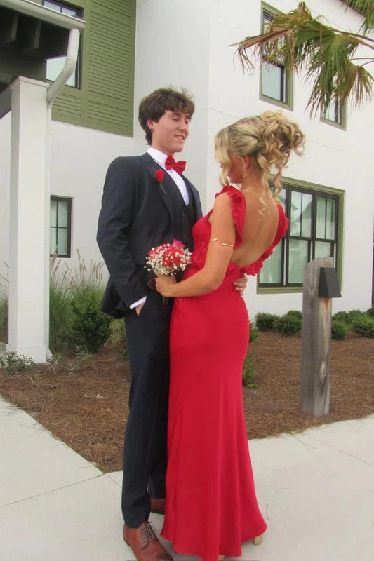 Prom Dresses Red Satin Ruffle Strap Open Back Ruched Mermaid Floor-Length Gown by JiMiss Dresses