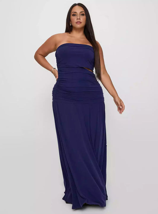 Prom Dresses with eye-catching plus size strapless long pleated hollow buttons and hidden zipper full lining