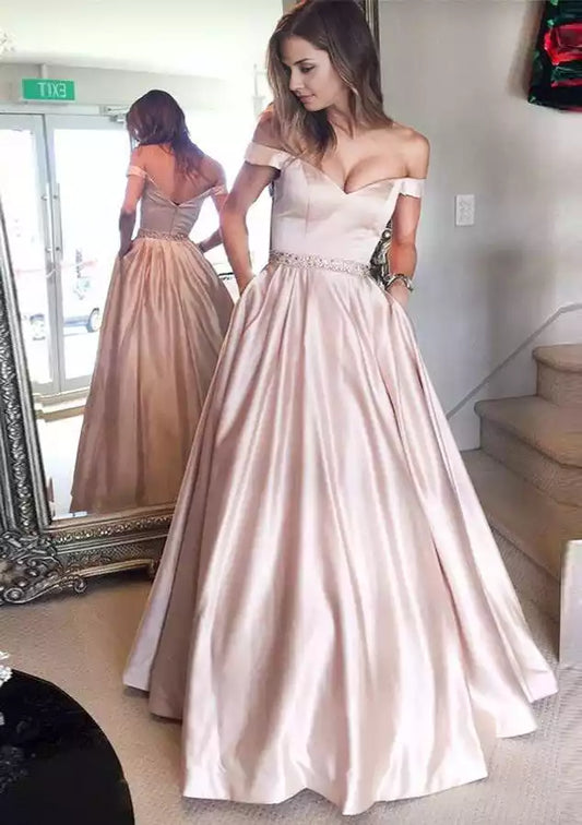 Prom Dresses with full charm satin A-line/princess style shoulder length/floor length