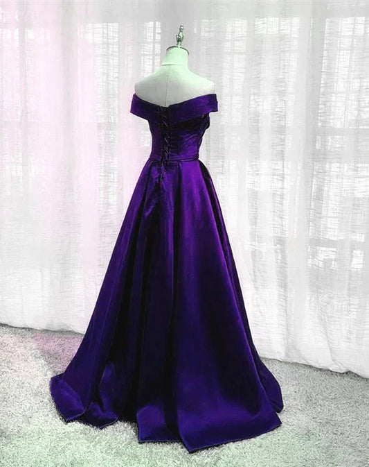 Purple Satin Off Shoulder Long Prom Dress A-line Simple Women Formal Dresses simple gentle atmospheric and unique desi Bring summer colors to enhance whiteness by YiHuiw