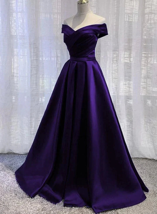 Purple Satin Off Shoulder Long Prom Dress A-line Simple Women Formal Dresses simple gentle atmospheric and unique desi Bring summer colors to enhance whiteness by YiHuiw