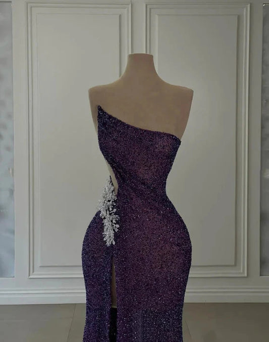 Purple Shiny Sexy Elegant Long Sequin Slit Prom Dress Evening Dress Party Dress simple gentle atmospheric and unique desi Bring summer colors to enhance whiteness by YiHuiw