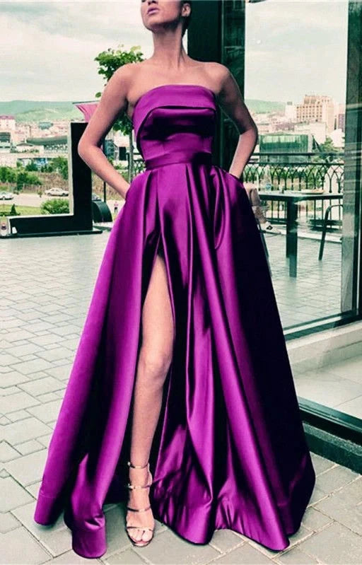 Purple satin dress with strapless design suitable for occasions such as dinners and dances by YiHuiw