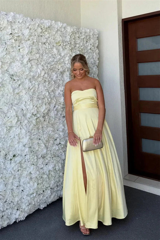 Radiant Satin Prom Dresses with Strapless Sweetheart Neckline, Lace-Up Back Bow Detail, Daring High Slit and Voluminous A-Line Skirt Formal Gown by JiMiss Dresses