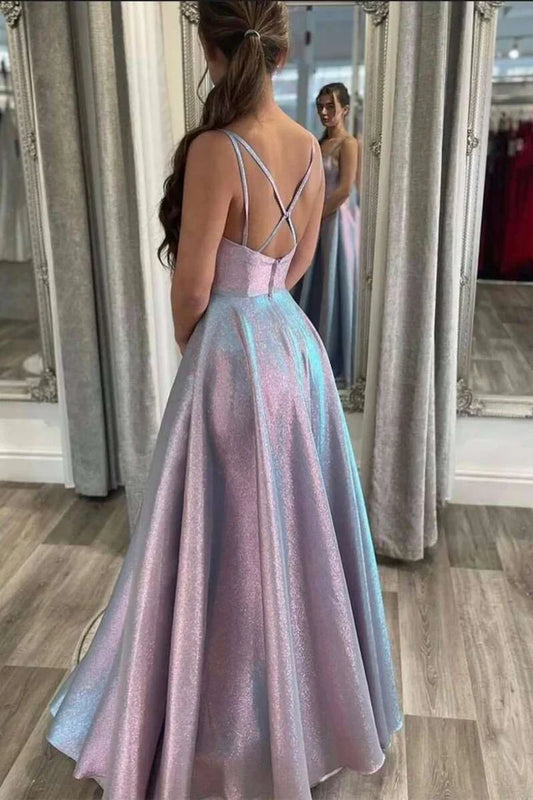 Pastel Rainbow Satin Prom Dress with Square Neckline and A-Line Silhouette