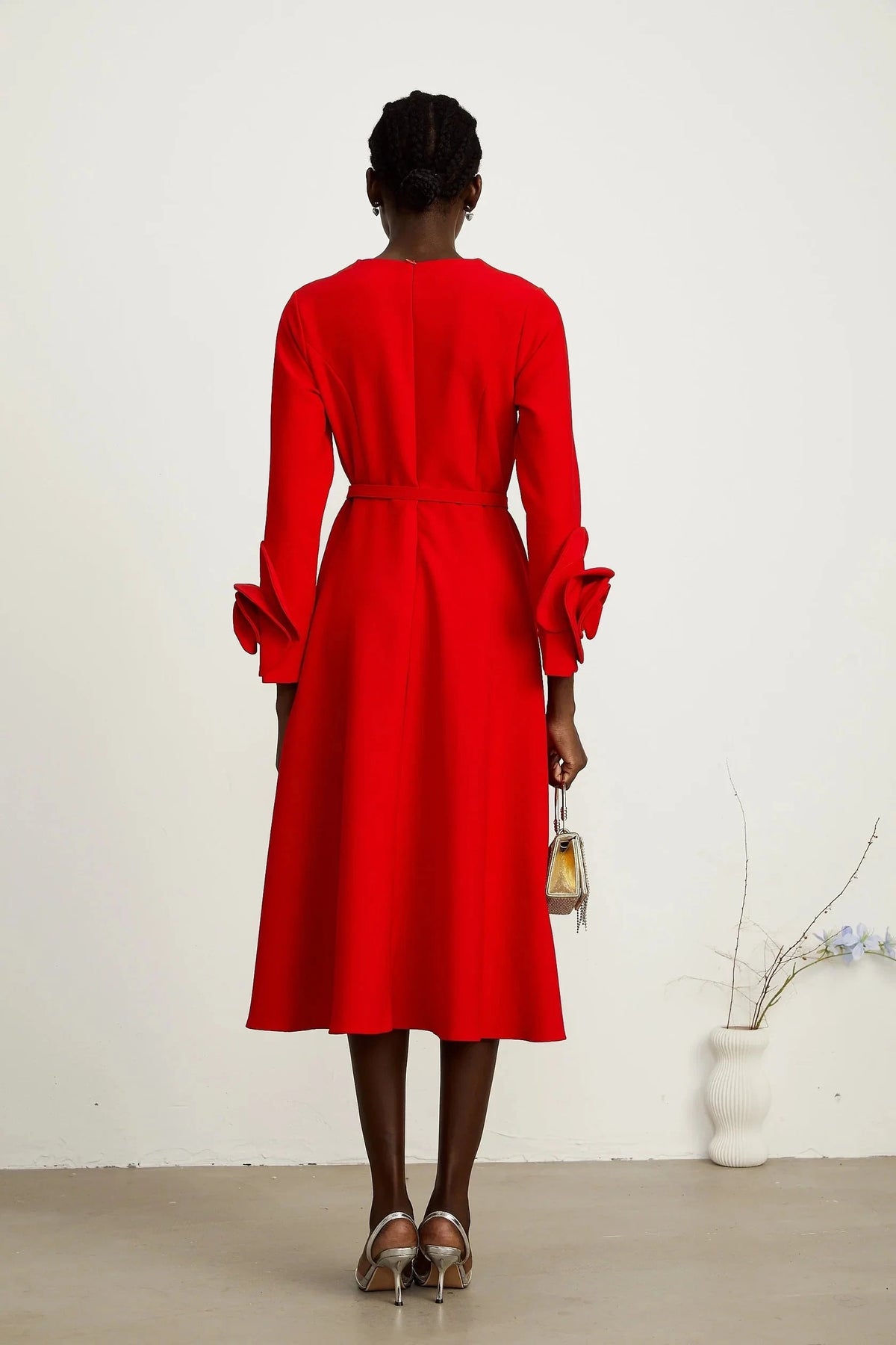 Red Belted Midi Dress with Floral Cuff Detail red long-sleeve dress with floral embellishments Evening Dress by YiHuiw