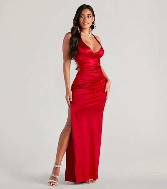 Red Mermaid Halter High Slit Floor-Length Wedding Dress - Yihuiw by Yihuiw
