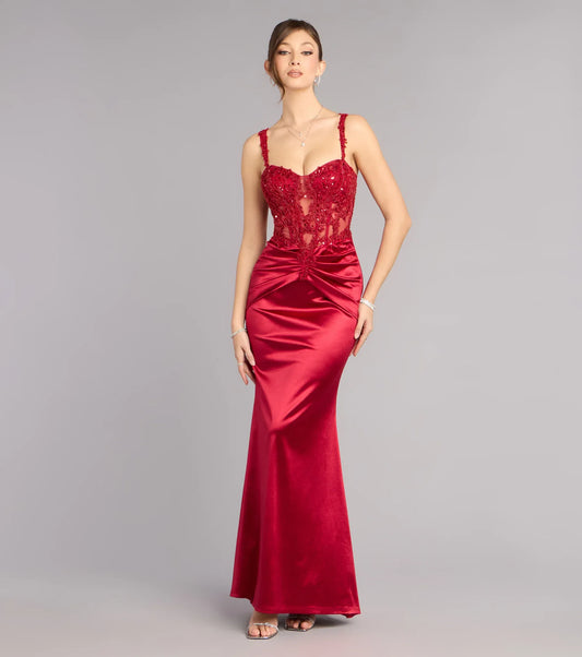 Red Mermaid Satin Lace-Up Back Ruched Floor-Length Wedding Dress - Yihuiw by Yihuiw