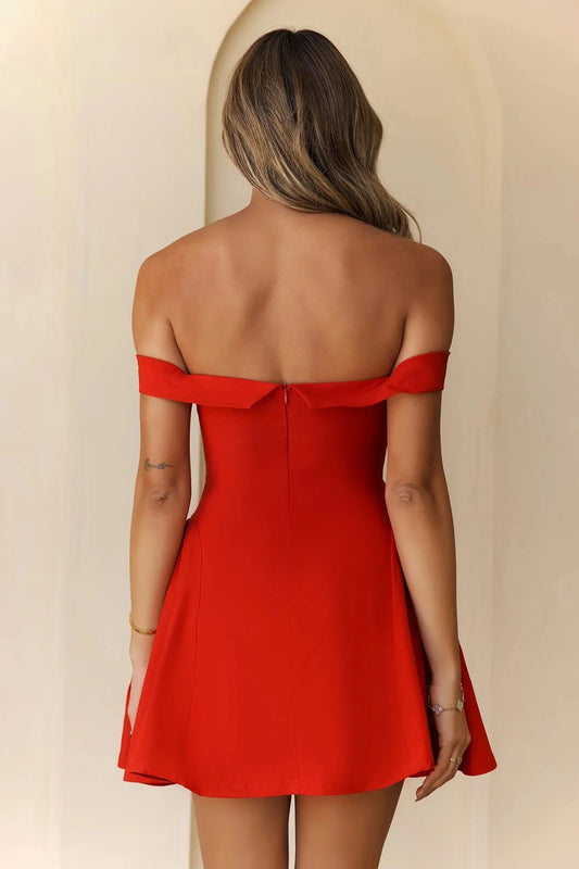 Red Off-Shoulder Flared Mini Dress Flowy skirt Off-the-shoulder Short Prom Dress by YiHuiw