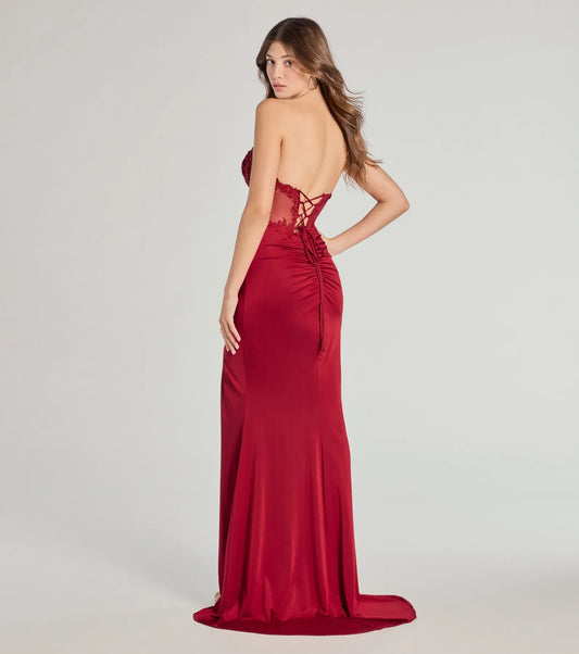Red Mermaid Strapless Lace Lace-Up Back High Slit Floor-Length Wedding Dress - Yihuiw by Yihuiw