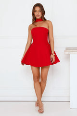 Red Strapless Mini Dress with Choker and Flared SkirtFitted bodice Flowy skirt Short Prom Dress
