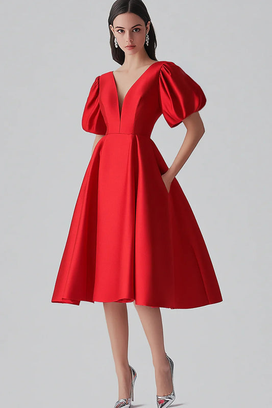 Red A-Line V-Neck Puff-Sleeve Closed-Back Midi Evening Dress