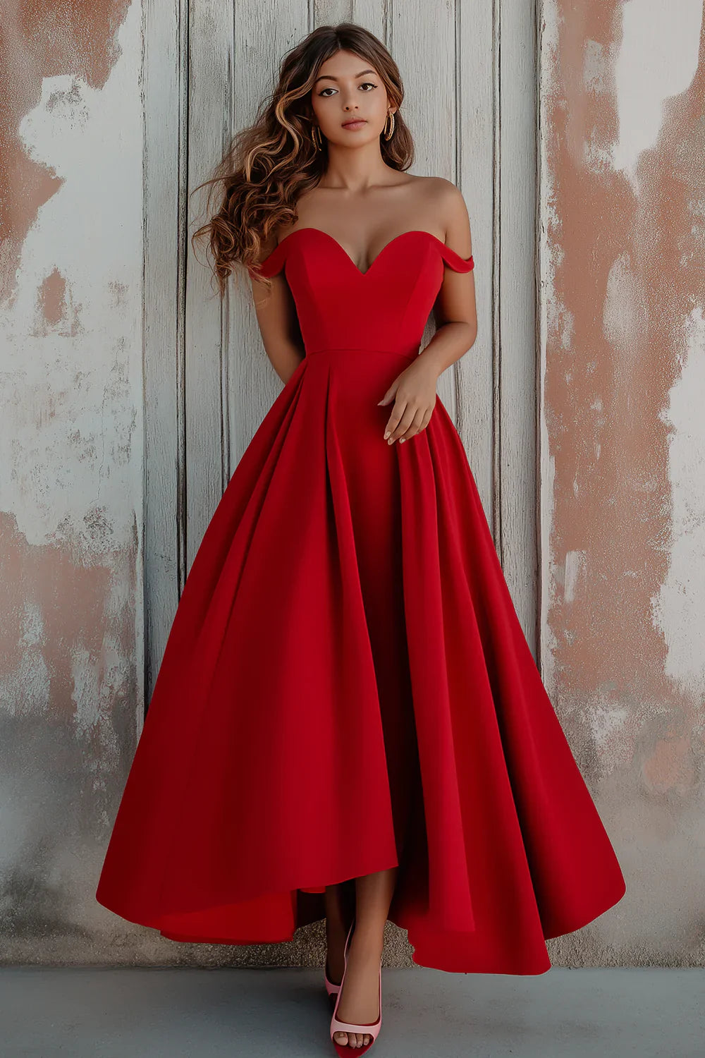 Red A-Line Off-Shoulder Short-Sleeve Closed-Back Hi-Low Evening Dress