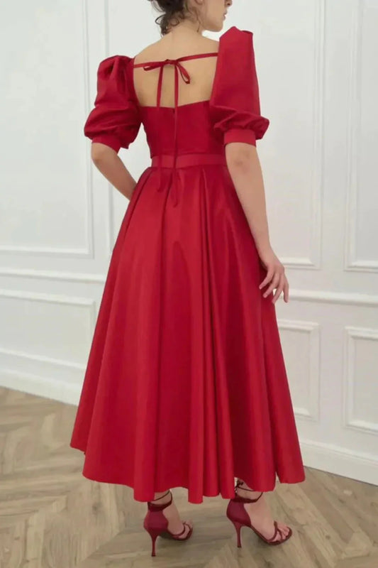 Red Satin Short Prom Dress Cute Short Sleeve Party Dress with Slit simple gentle atmospheric and unique desi Bring summer colors to enhance white by YiHuiw