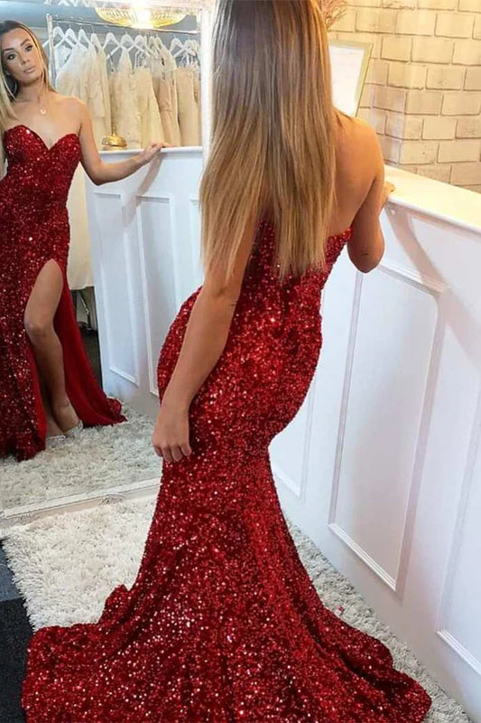 Burgundy Sequin Mermaid Prom Dress with Sweetheart Neckline and High Slit