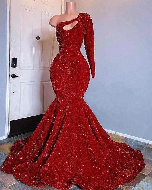 Red Sequined Black Girls Mermaid Prom Dresses One Shoulder Long Sleeve Evening Gowns simple gentle atmospheric and unique desi Bring summer colors to enhance whiteness by YiHuiw