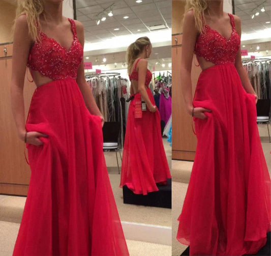 Red Spaghetti Strap Chiffon Backless Prom Dresses,A Line Long Formal Gowns simple gentle atmospheric and unique desi Bring summer colors to enhance whiteness by YiHuiw