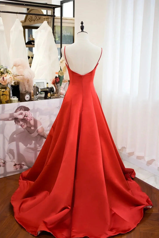 Red Spaghetti Strap Satin Long Prom Dress Simple A-Line Evening Party Dress simple gentle atmospheric and unique desi Bring summer colors to enhance white by YiHuiw