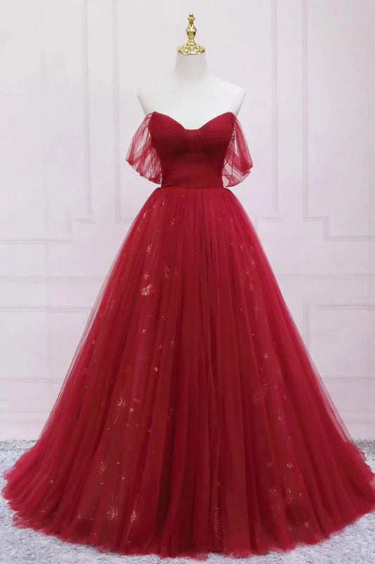 Red Tulle Long A-Line Prom Dress Off the Shoulder Formal Evening Dress simple gentle atmospheric and unique desi Bring summer colors to enhance whitenes by YiHuiw