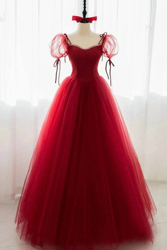 Red Tulle Short Sleeve Prom Dress A-Line Floor Length Evening Graduation Dress simple gentle atmospheric and unique desi Bring summer colors to enhance whitenes by YiHuiw
