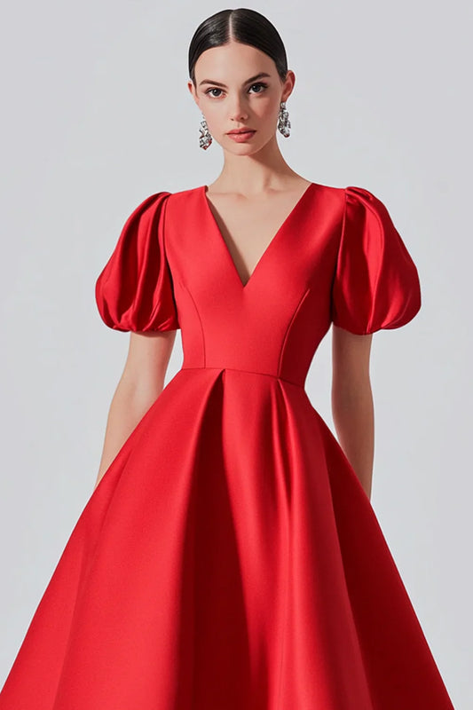 Red A-Line V-Neck Puff-Sleeve Closed-Back Midi Evening Dress