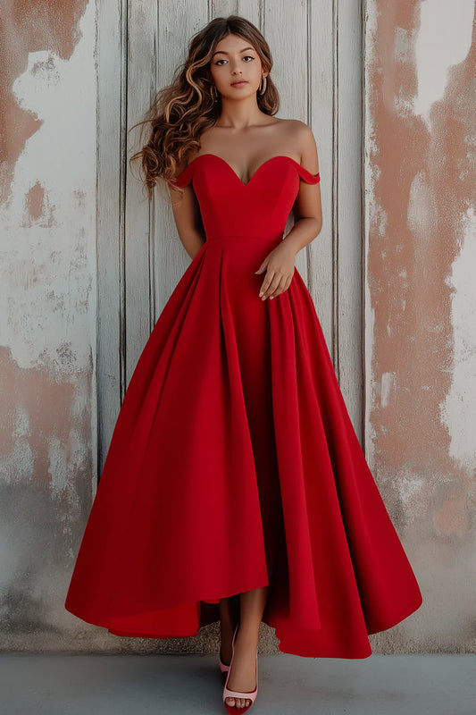 Red A-Line Off-Shoulder Short-Sleeve Closed-Back Hi-Low Evening Dress
