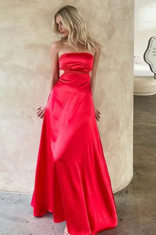 Red Satin Strapless Prom Dress with Open Back and Floor-Length Silhouette
