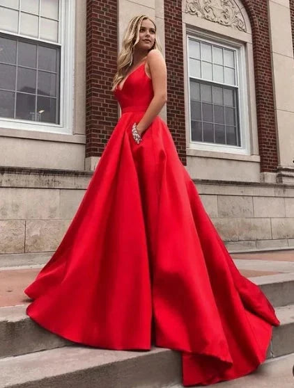 Red long camisole dress with deep V-neckline suitable for dinners, red carpets by YiHuiw