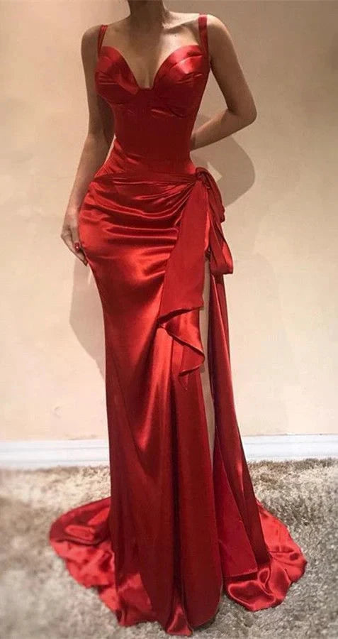 Red satin dress with deep V-neck strap suitable for dinners, dances, and other events by YiHuiw