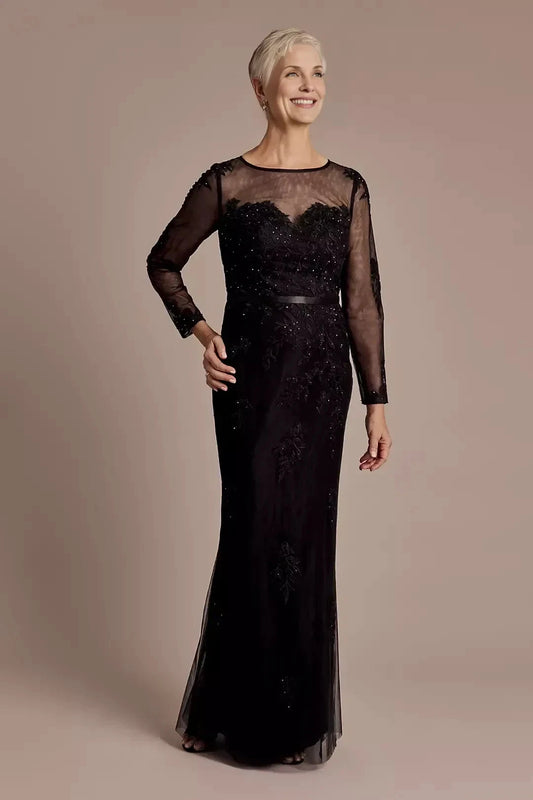 Refined Mermaid Crew Neck Long Sleeve Lace Back Floor Length Mother of the Bride Dress by YiHuiw