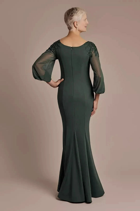 Refined Sheath Boat Neck Bishop Sleeve Lace Back Floor Length Mother of the Bride Dress by YiHuiw