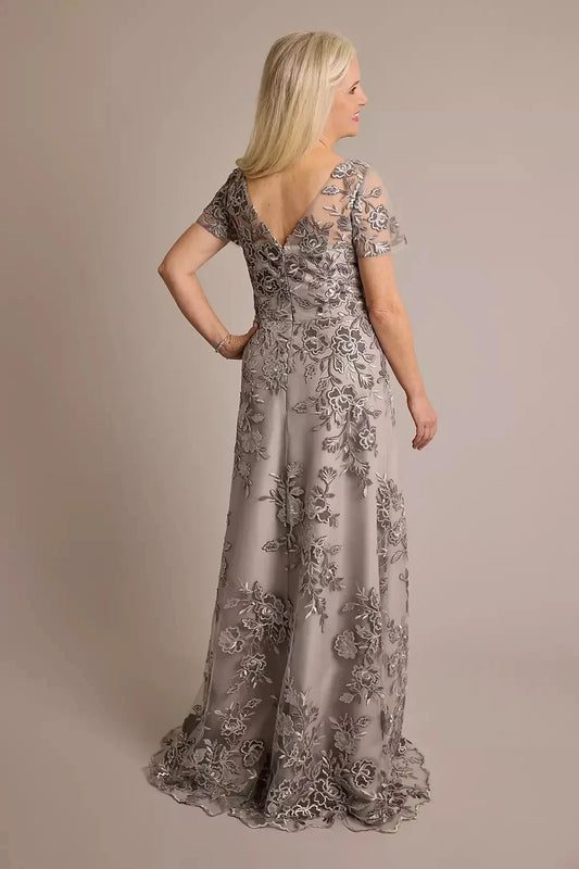 Refined Sheath Crew Neck Short Sleeve Lace Back Floor Length Mother of the Bride Dress by YiHuiw