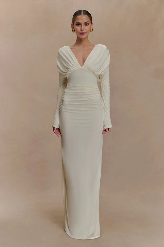 Refined Sheath Deep V Neck Long Sleeve Draped Back Floor Length Prom Dress by YiHuiw