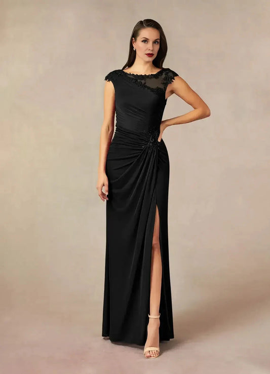 Refined Sheath Illusion Neck Cap Sleeve Lace Back Floor Length Mother of the Bride Dress by YiHuiw