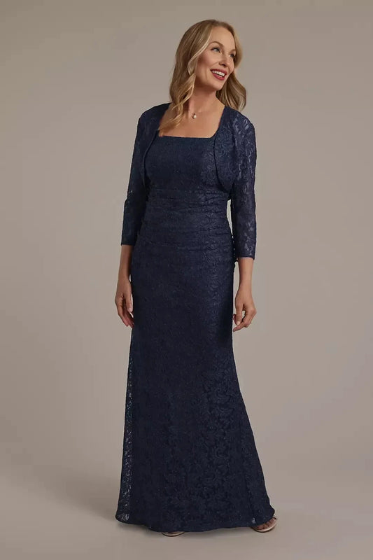 Refined Two Piece Square Neck Three Quarter Sleeve Lace Back Floor Length Mother of the Bride Dress by YiHuiw