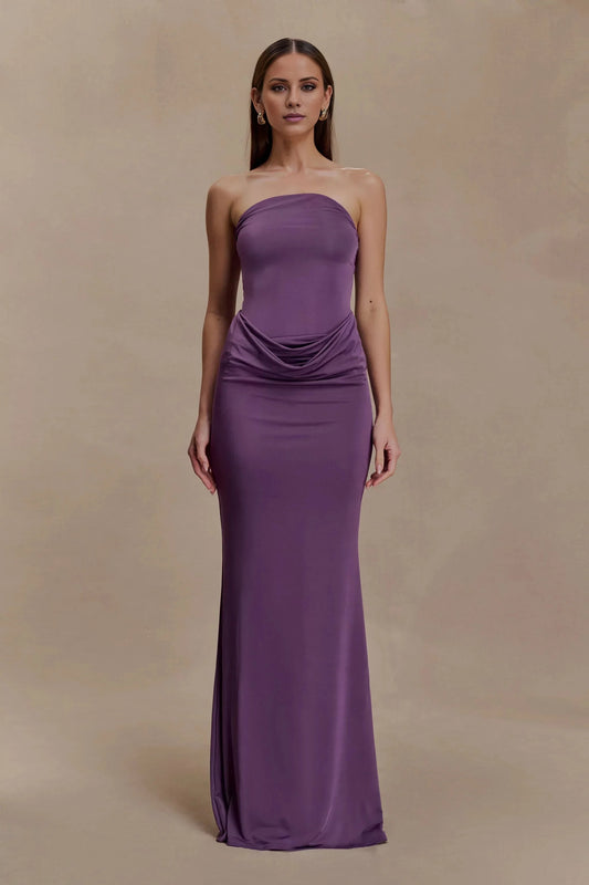 Refined Off the Shoulder Neck Satin Sleeveless Strapless Ruched Mermaid Floor-Length Evening Dress by YiHuiw