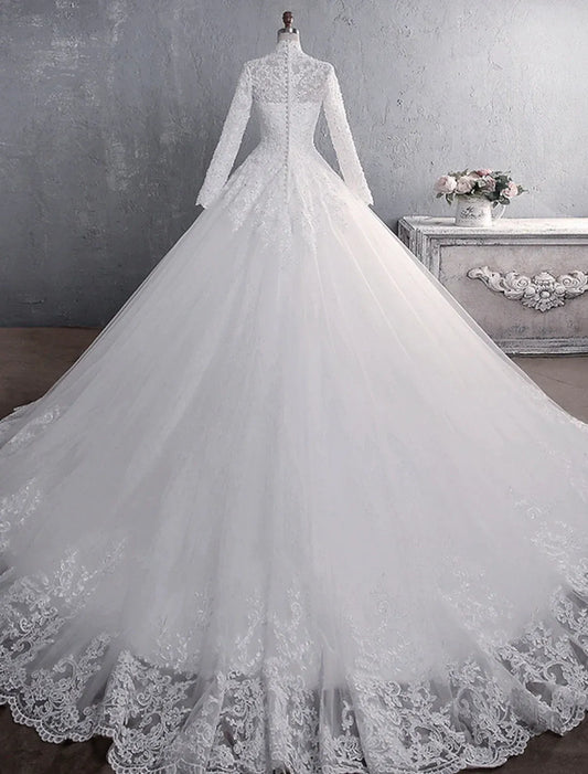 Ball Gown High Neck Lace Button Back Train Wedding Gown - Yihuiw by Yihuiw