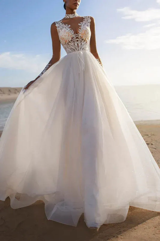 A-Line High Neck Sleeveless Floor-Length Wedding Dress - Yihuiw by Yihuiw
