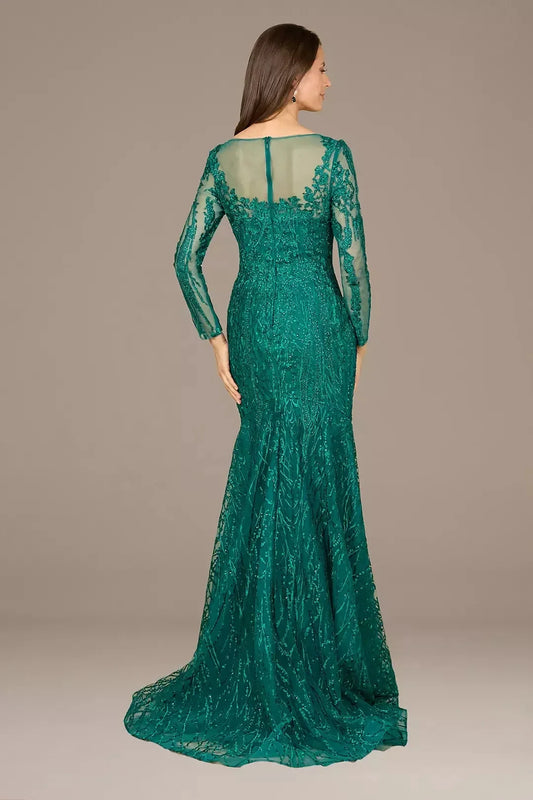 Regal Mermaid Illusion Neck Long Sleeve Lace Back Floor Length Mother of the Bride Dress by YiHuiw