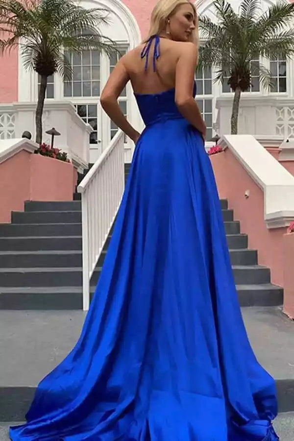 Vestido Real de Satén Azul Real de Corte en A con Cuello Halter y Abertura Alta