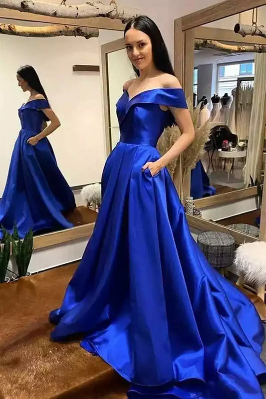 Regal Royal Blue Satin Ball Dress with Off-the-Shoulder Neck & Pockets