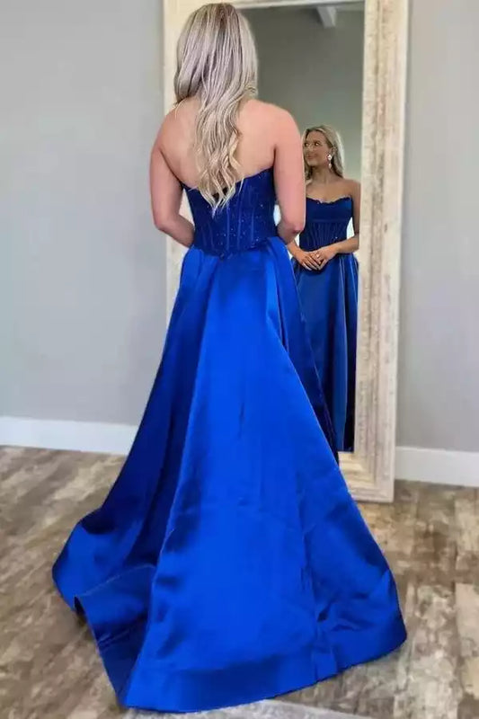Regal Royal Blue Satin Ball Dress with Strapless Corset Bodice & Train