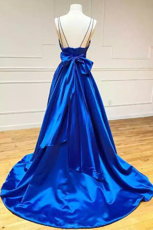 Regal Royal Blue Satin Ball Dress with Sweetheart Neck & Oversized Back Bow