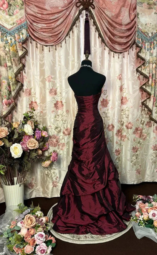 Retro Elegant Exquisite Rhinestone Off-the-shoulder Sleeveless Floor-length Satin Floor-length Ball Gown Evening Dress simple gentle atmospheric and unique desi Bring summer colors to enhance whiteness by YiHuiw