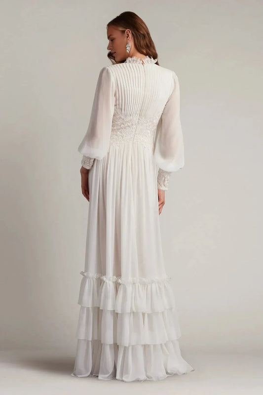 Romantic A-Line V-Neck Lace Long Sleeve Zipper Back Floor-Length Prom Dress by YiHuiw